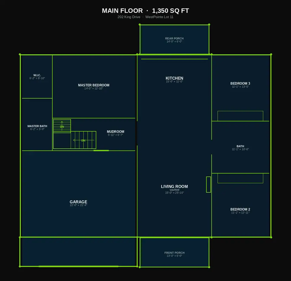 Main floor plan — 1,350 sq ft finished above grade. Garage left, living and kitchen center, bedrooms right.